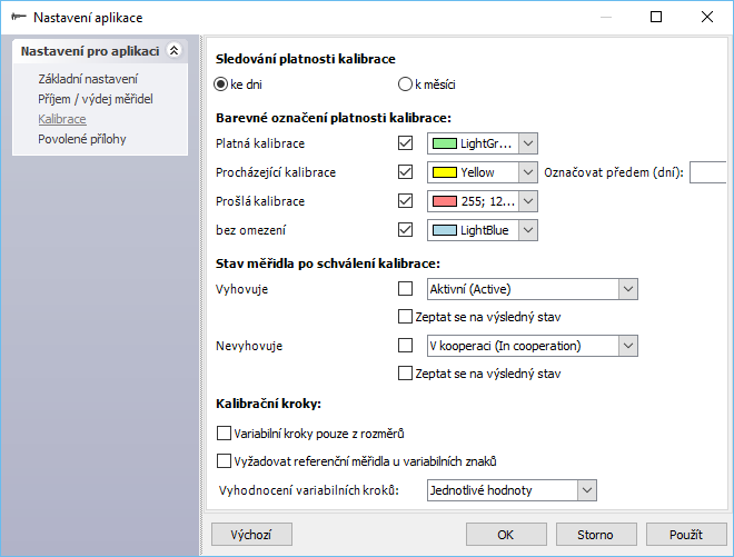 3.3 Kalibrace Na této záložce lze nastavit podrobnosti týkající se práce s kalibracemi a jejich zobrazování. Volbou Sledování platnosti kalibrace lze nastavit sledování ke dni, tj.