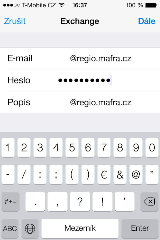 Vyplňte do položky e-mail svou přidělenou emailovou adresu ve tvaru jmeno.prijmeni@regio.mafra.