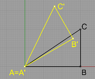 Příklad 4: V rovině je dán trojúhelník ABC, A=[0,0], B=[30,0], C=[30,20]. a) Zobrazte trojúhelník ABC v Rhinu. b) V Rhinu proveďte jeho otočení o úhel 30 kolem počátku.