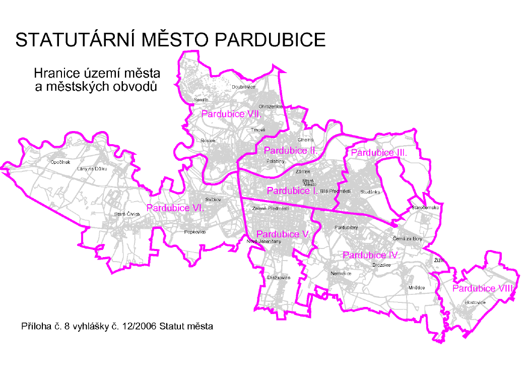 f) Pardubice VI (Svítkov, Popkovice, Staré Čívice, Lány na Důlku, Opočínek a díl části Zelené Předměstí) g) Pardubice VII (Rosice nad Labem, Trnová, Ohrazenice, Semtín a Doubravice) h) Pardubice VIII