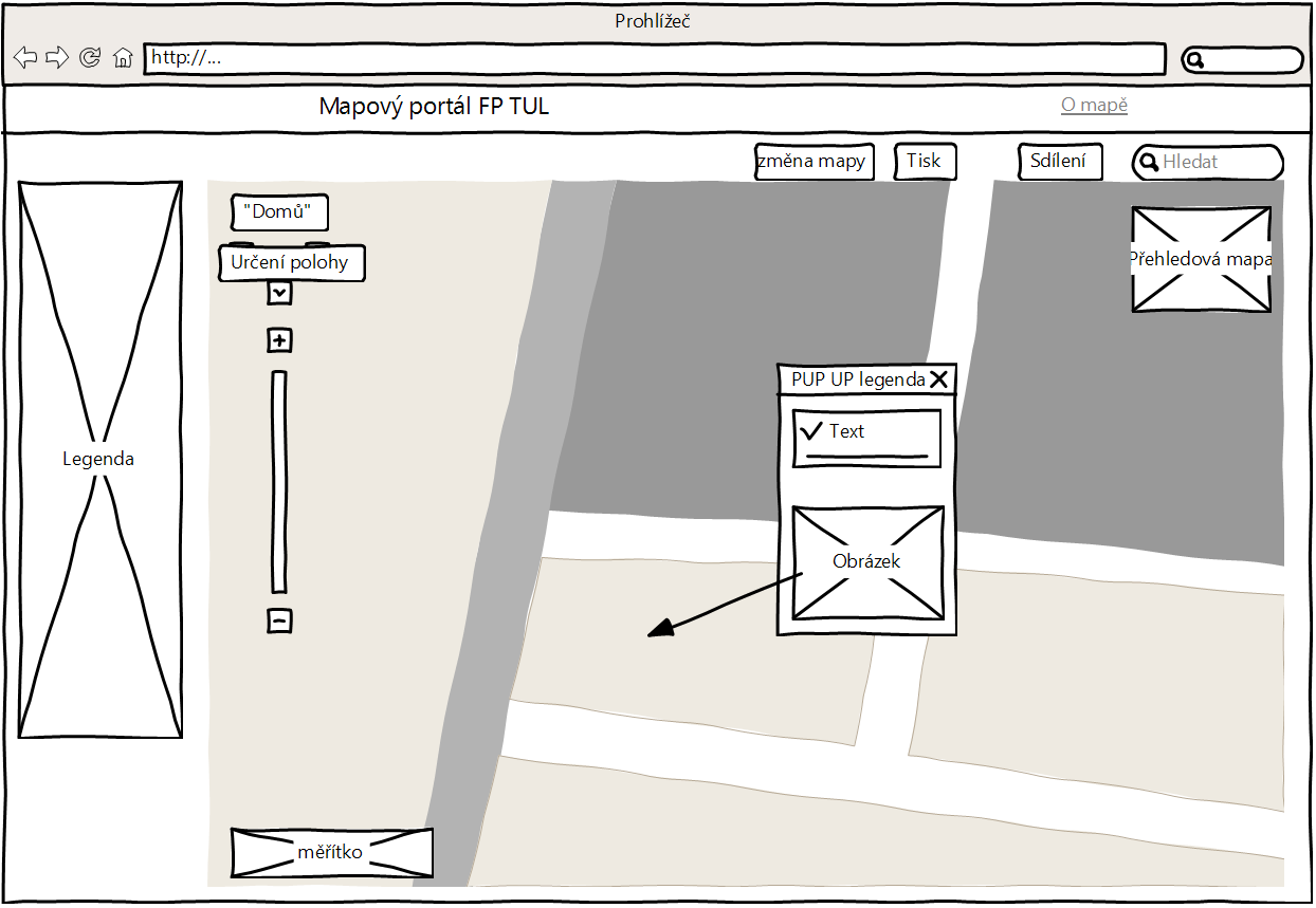 Obr. 13 Wireframe mapového portálu FP TUL (zdroj: vlastní zpracování v programu WireframeSketcher studio) 13.