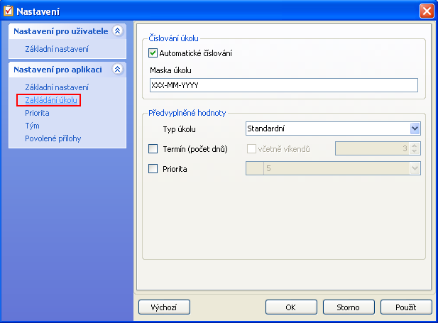 5.2.2 Zakládání úkolu V případě zaškrtnuté položky Automatické číslování, se po založení nového úkolu, automaticky předvyplní kód úkolu podle definované masky.