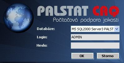 Po odhlášení uživatele z programu se změní ikona programu a některé příkazy v nabídce zůstanou neaktivní. Po zvolení příkaze Přihlásit se objeví standardní přihlašovací okno systému Palstat CAQ.