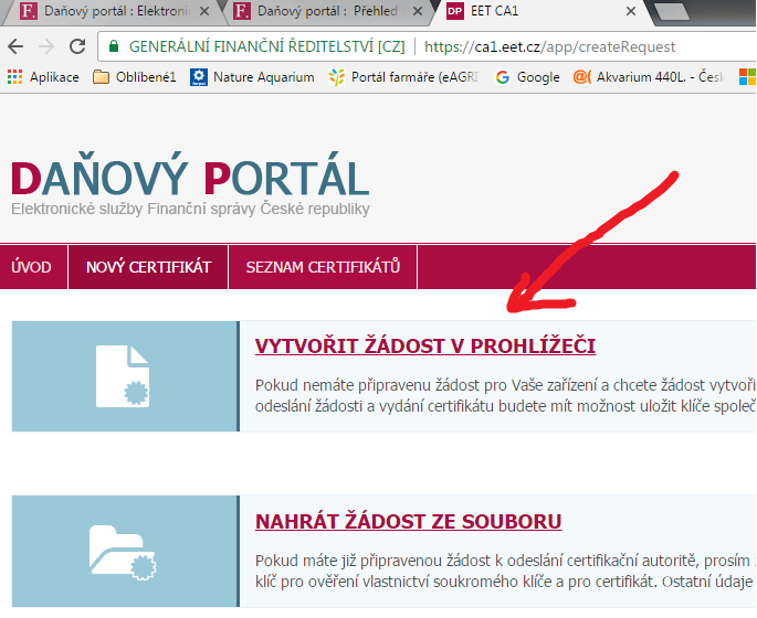 Jakmile máte vytvořenou provozovnu, pokročíte k vystavení samotného certifikátu přes menu CERTIFIKÁTY Po pár