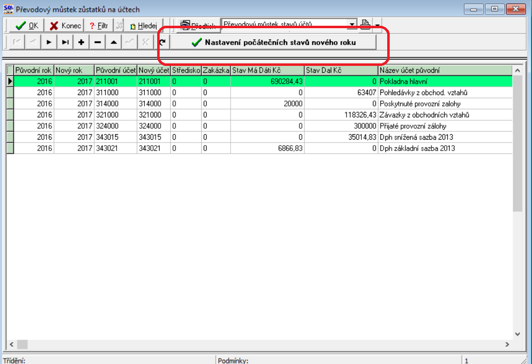 roku. Po jeho vložení a potvrzení systém provede nastavení nových počátečních stavů účtů pro nový účetní rok. POZOR!