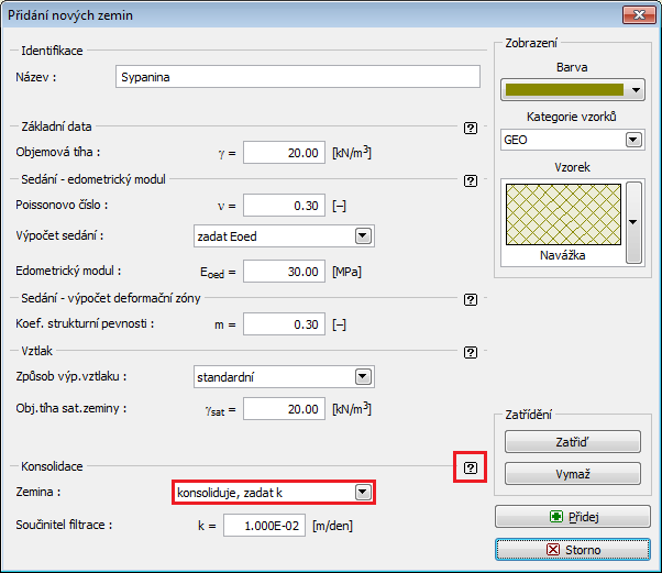 V dalším kroku zadáme parametry zemin. U konsolidujících zemin je zapotřebí zadat buď koeficient filtrace k nebo součinitel konsolidace c v (více viz Help F1).