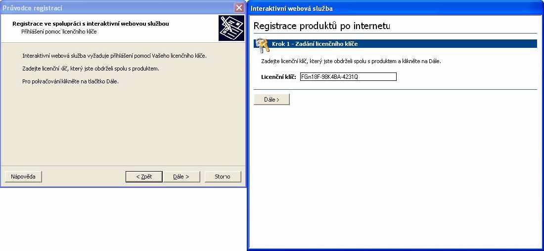 Zadání licenčního klíče V následujícím kroku Průvodce registrací může dojít k dvojí situaci, v závislosti na předchozí učiněné volbě.