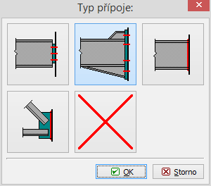 Dialogové okno pro zadání typu přípoje Pro přiřazení přípoje na levou pásnici sloupu je třeba zmáčknout levé tlačítko v sekci "Připojení na pásnice sloupu".