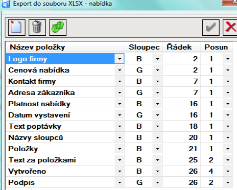 4. Pro export Cenové nabídky slouží číselník Export do XLSX - nabídka. V číselníku je možné zadat všechny položky používané v cenové nabídce.