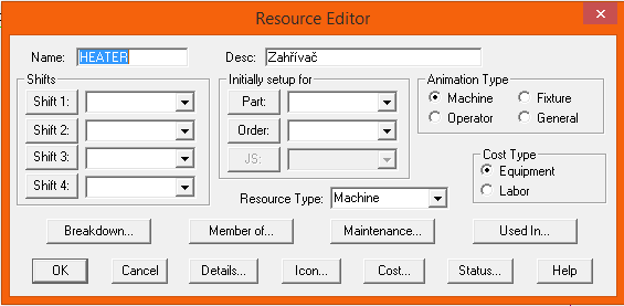 Str. 32 Obr. 18 Dialogové okno Demand Editor d) Definování zdrojů Příkaz: stisknutí pravého tlačítka myši v okně Facility Resource Editor (obr.