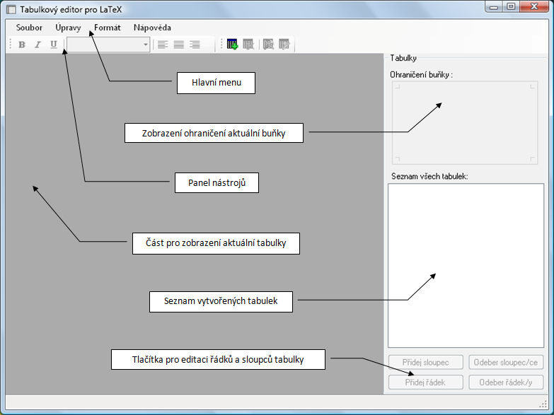 4. Manuál Tato kapitola se zabývá popisem uživatelského rozhraní tabulkového editoru pro L A TEX. L A TEX editor je určen k vizuální tvorbě a editaci tabulek vytvořených přímo v tomto programu.