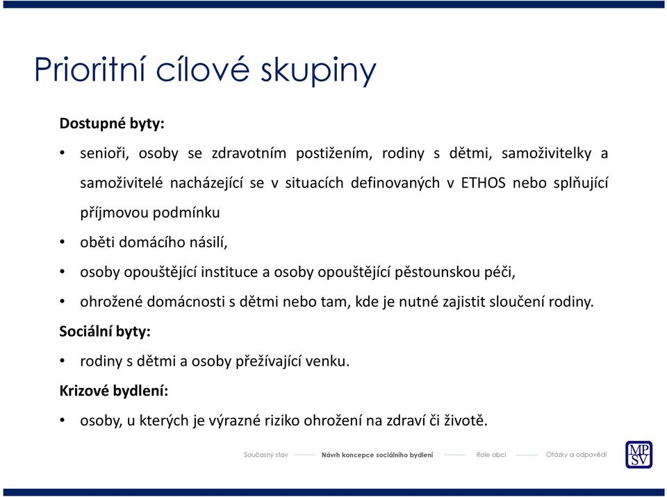 instituce a osoby opouštějící pěstounskou péči, ohrožené domácnosti s dětmi nebo tam, kde je nutné zajistit sloučení rodiny.