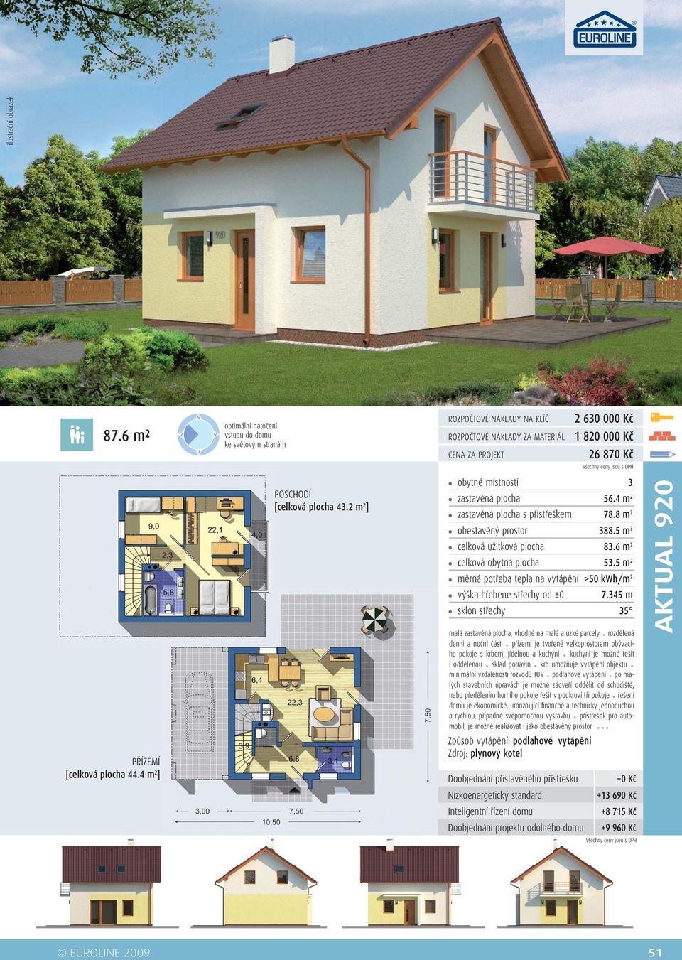 malých stavebních úpravách je možné zádveří oddělit od schodiště, nebo předělením horního pokoje řešit v podkroví tři pokoje řešení domu je ekonomické, umožňující fi nančně a technicky jednoduchou a