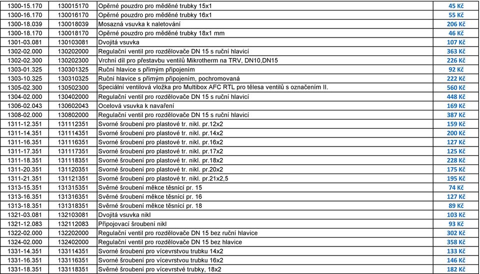 300 130202300 Vrchní díl pro přestavbu ventilů Mikrotherm na TRV, DN10,DN15 226 Kč 1303-01.325 130301325 Ruční hlavice s přímým připojením 92 Kč 1303-10.