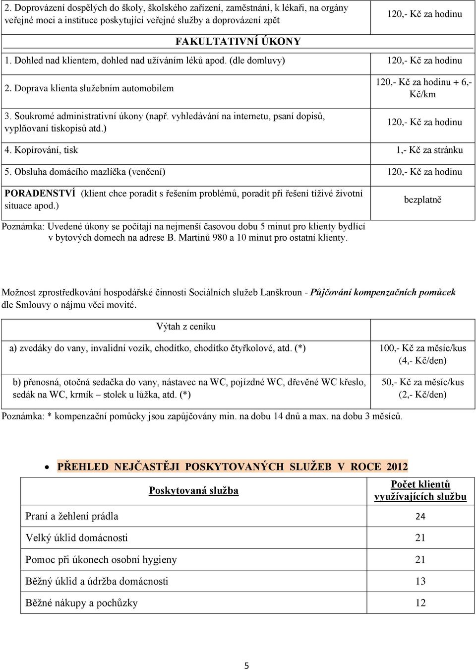 vyhledávání na internetu, psaní dopisů, vyplňovaní tiskopisů atd.) 120,- Kč za hodinu + 6,- Kč/km 120,- Kč za hodinu 4. Kopírování, tisk 1,- Kč za stránku 5.