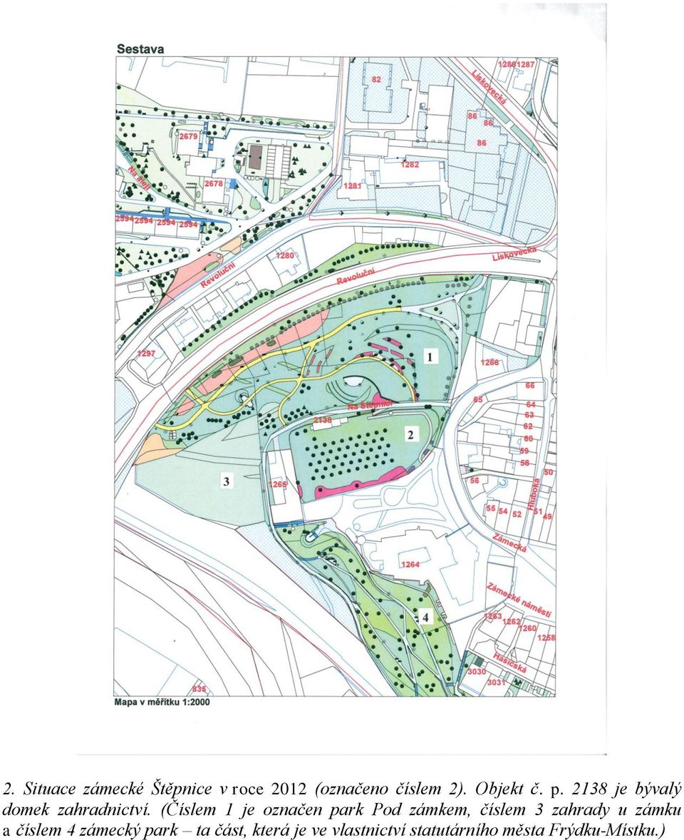 (Číslem 1 je označen park Pod zámkem, číslem 3 zahrady u zámku a