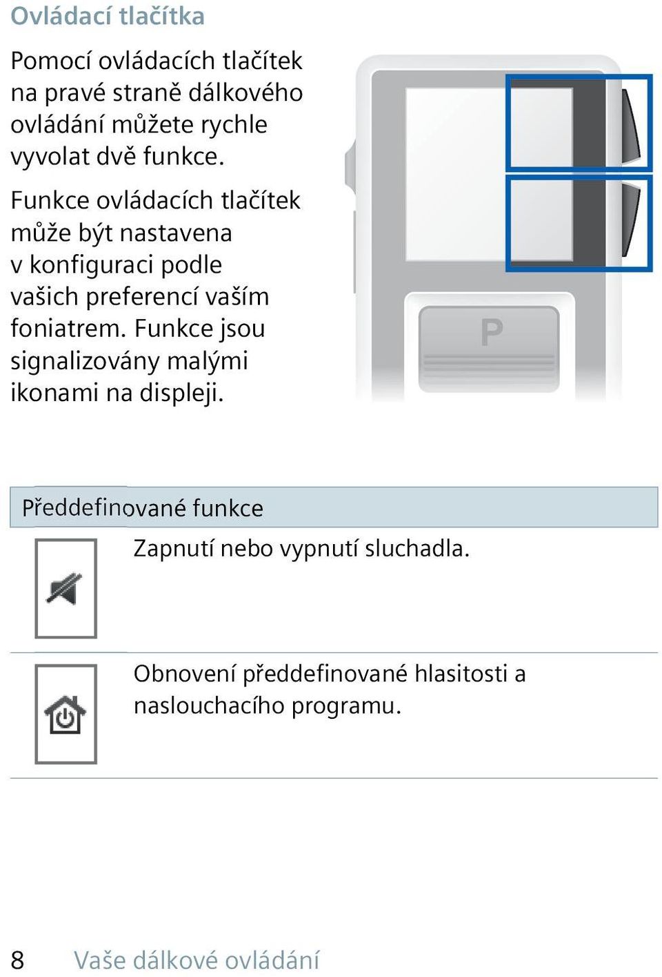 Funkce ovládacích tlačítek může být nastavena v konfiguraci podle vašich preferencí vaším foniatrem.