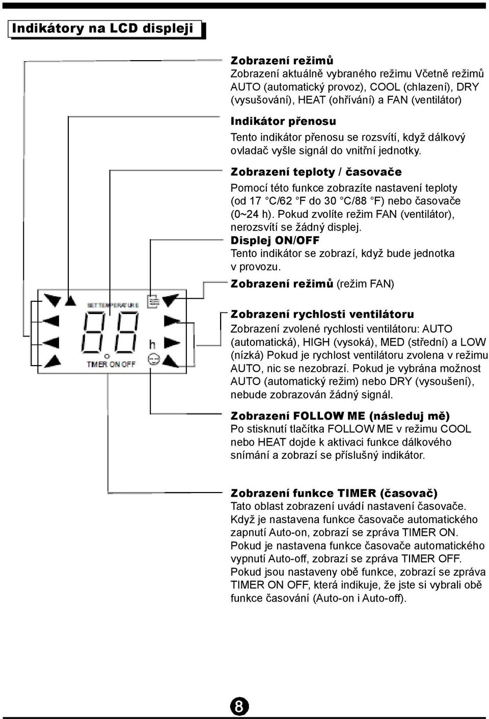 Zobrazení teploty / časovače Pomocí této funkce zobrazíte nastavení teploty (od 17 C/62 F do 30 C/88 F) nebo časovače (0~24 h). Pokud zvolíte režim FAN (ventilátor), nerozsvítí se žádný displej.