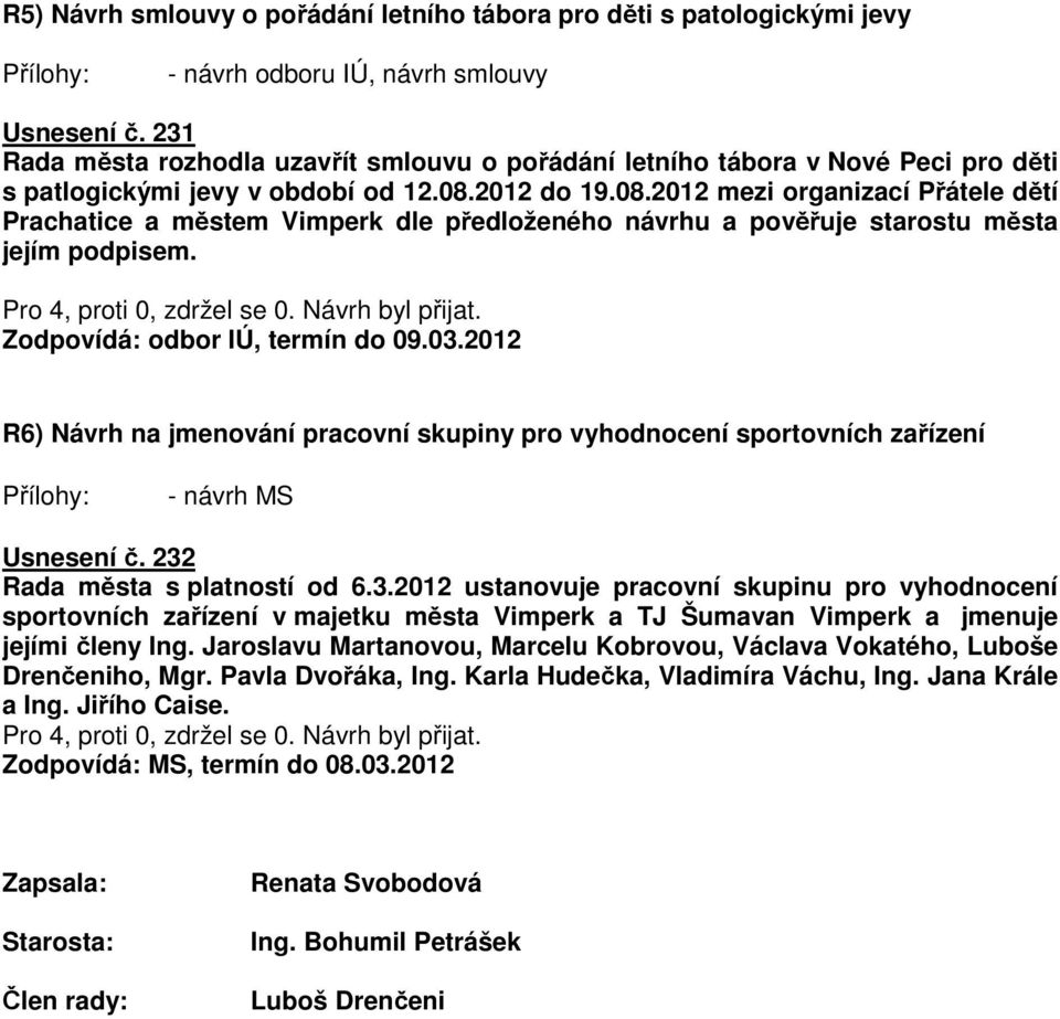 2012 do 19.08.2012 mezi organizací Přátele dětí Prachatice a městem Vimperk dle předloženého návrhu a pověřuje starostu města jejím podpisem. Zodpovídá: odbor IÚ, termín do 09.03.