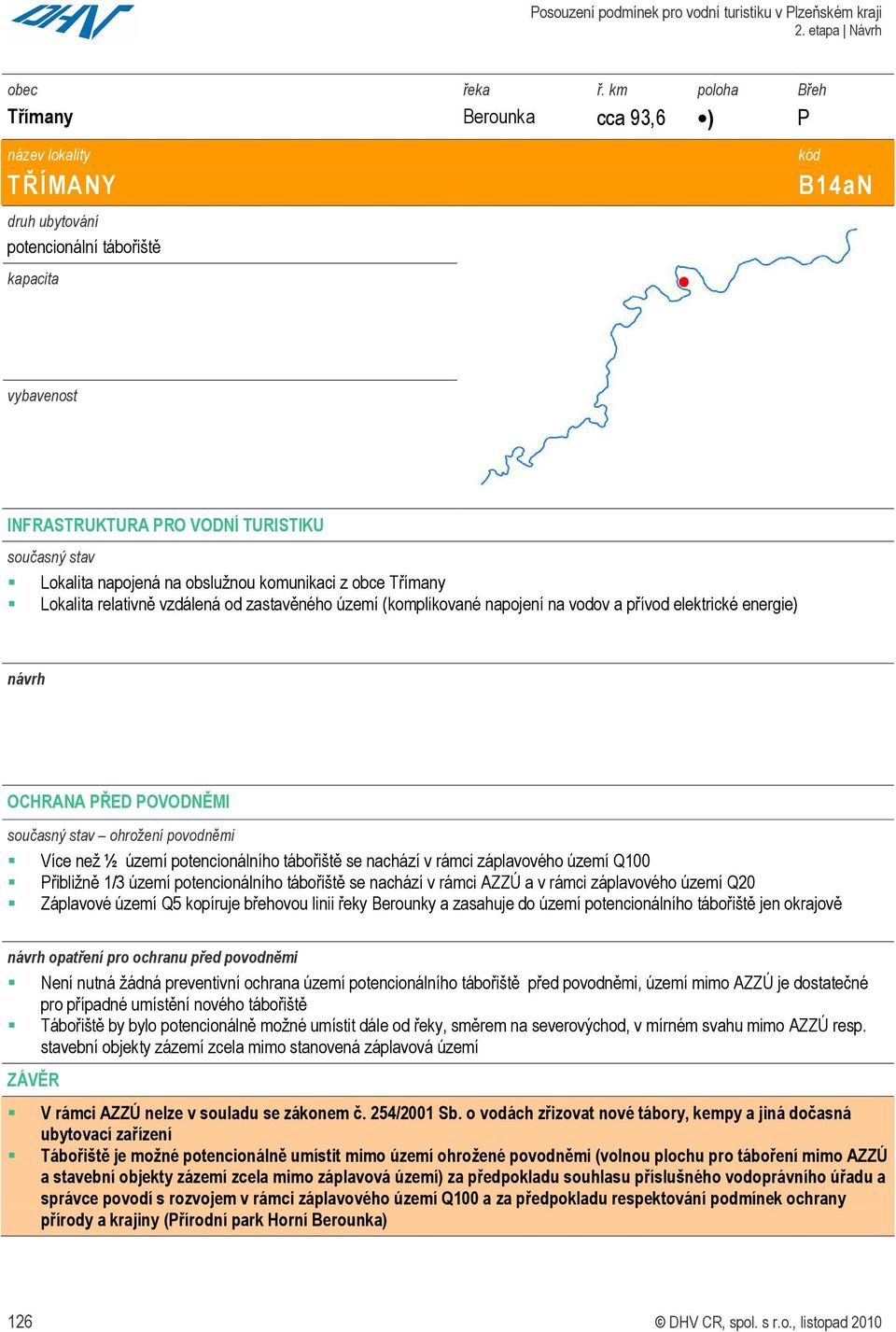 Více než ½ území potencionálního tábořiště se nachází v rámci záplavového území Q100 Přibližně 1/3 území potencionálního tábořiště se nachází v rámci AZZÚ a v rámci záplavového území Q20 Záplavové