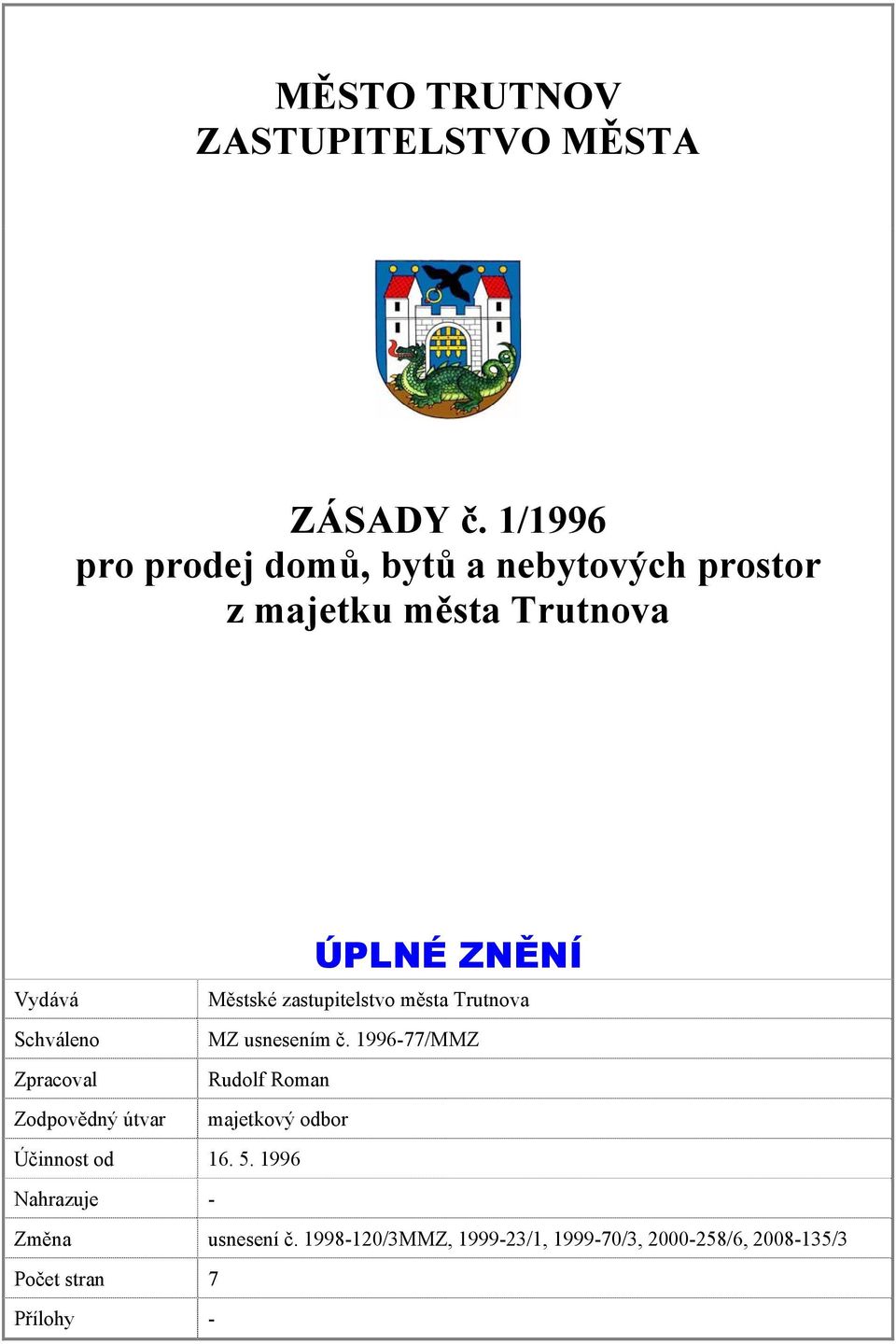 Zodpovědný útvar ÚPLNÉ ZNĚNÍ Městské zastupitelstvo města Trutnova MZ usnesením č.