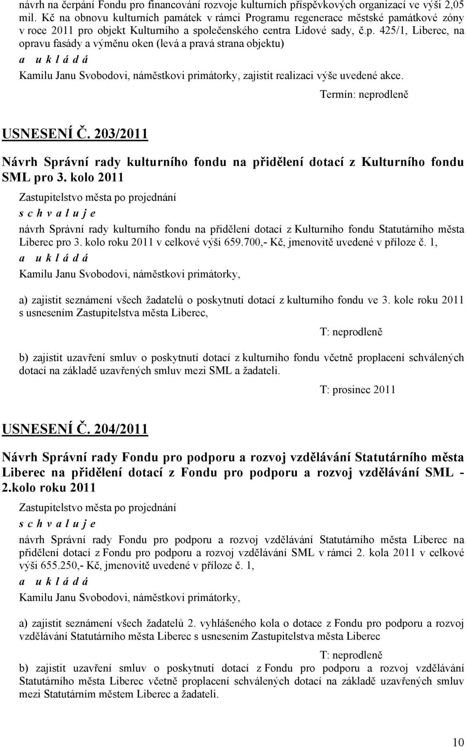 Termín: neprodleně USNESENÍ Č. 203/2011 Návrh Správní rady kulturního fondu na přidělení dotací z Kulturního fondu SML pro 3.