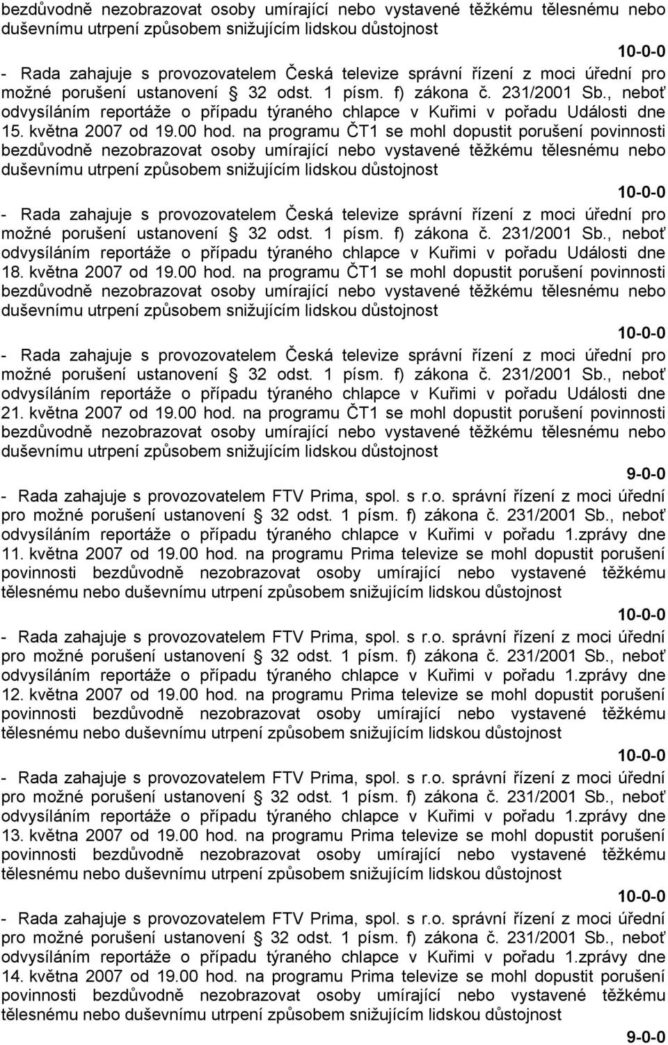 na programu ČT1 se mohl dopustit porušení povinnosti odvysíláním reportáže o případu týraného chlapce v Kuřimi v pořadu Události dne 21. května 2007 od 19.00 hod.