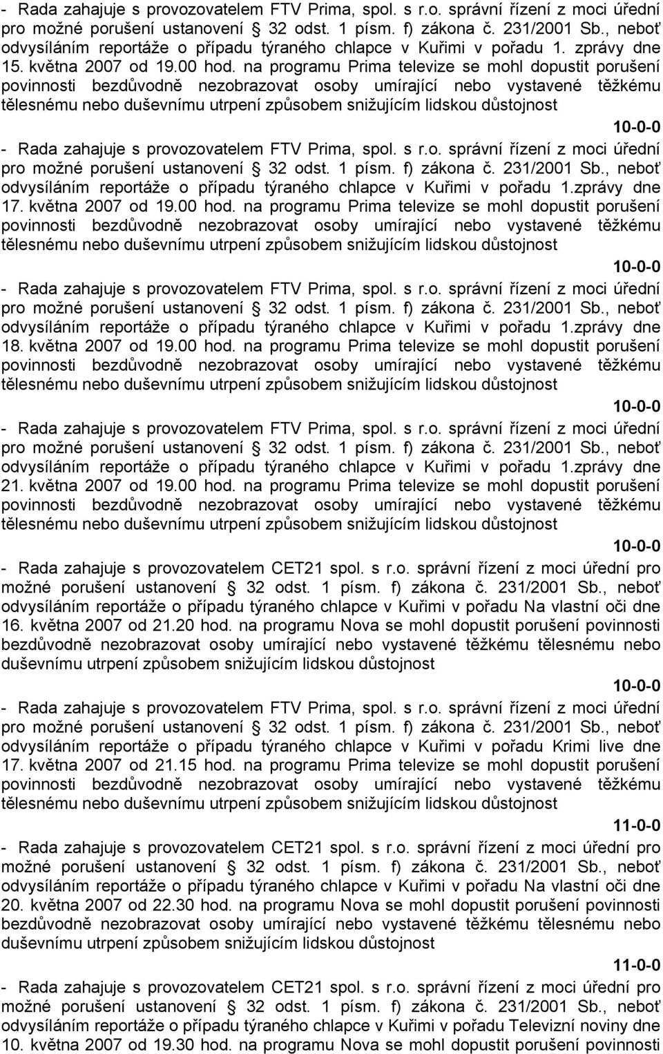 na programu Prima televize se mohl dopustit porušení tělesnému nebo pro odvysíláním reportáže o případu týraného chlapce v Kuřimi v pořadu 1.zprávy dne 18. května 2007 od 19.00 hod.