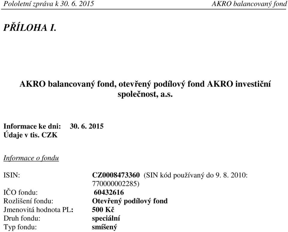 CZK Informace o fondu ISIN: CZ0008473360 (SIN kód používaný do 9. 8.