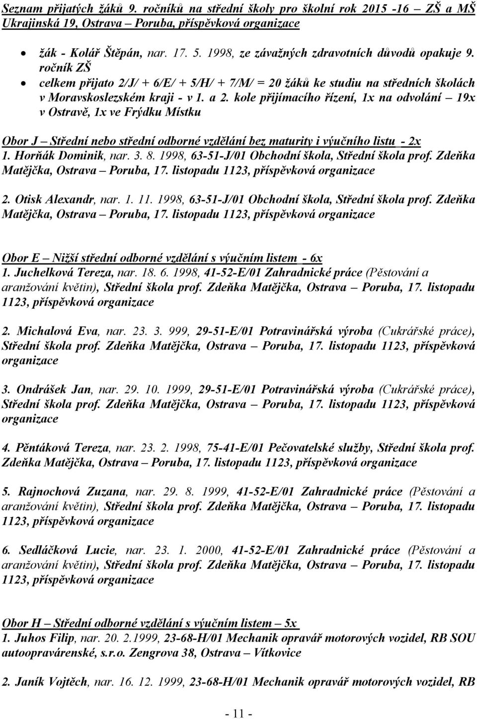 kole přijímacího řízení, 1x na odvolání 19x v Ostravě, 1x ve Frýdku Místku Obor J Střední nebo střední odborné vzdělání bez maturity i výučního listu - 2x 1. Horňák Dominik, nar. 3. 8.