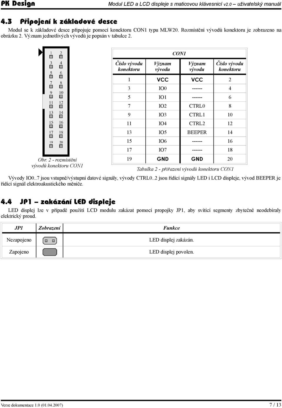 CON1 Číslo vývodu konektoru Význam vývodu Význam vývodu Číslo vývodu konektoru 1 VCC VCC 2 3 IO0 ------ 4 5 IO1 ------ 6 7 IO2 CTRL0 8 9 IO3 CTRL1 10 11 IO4 CTRL2 12 13 IO5 BEEPER 14 15 IO6 ------ 16