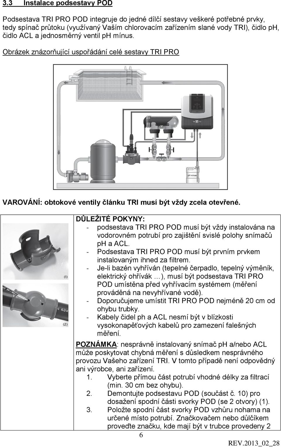 DŮLEŽITÉ POKYNY: - podsestava TRI PRO POD musí být vždy instalována na vodorovném potrubí pro zajištění svislé polohy snímačů ph a ACL.
