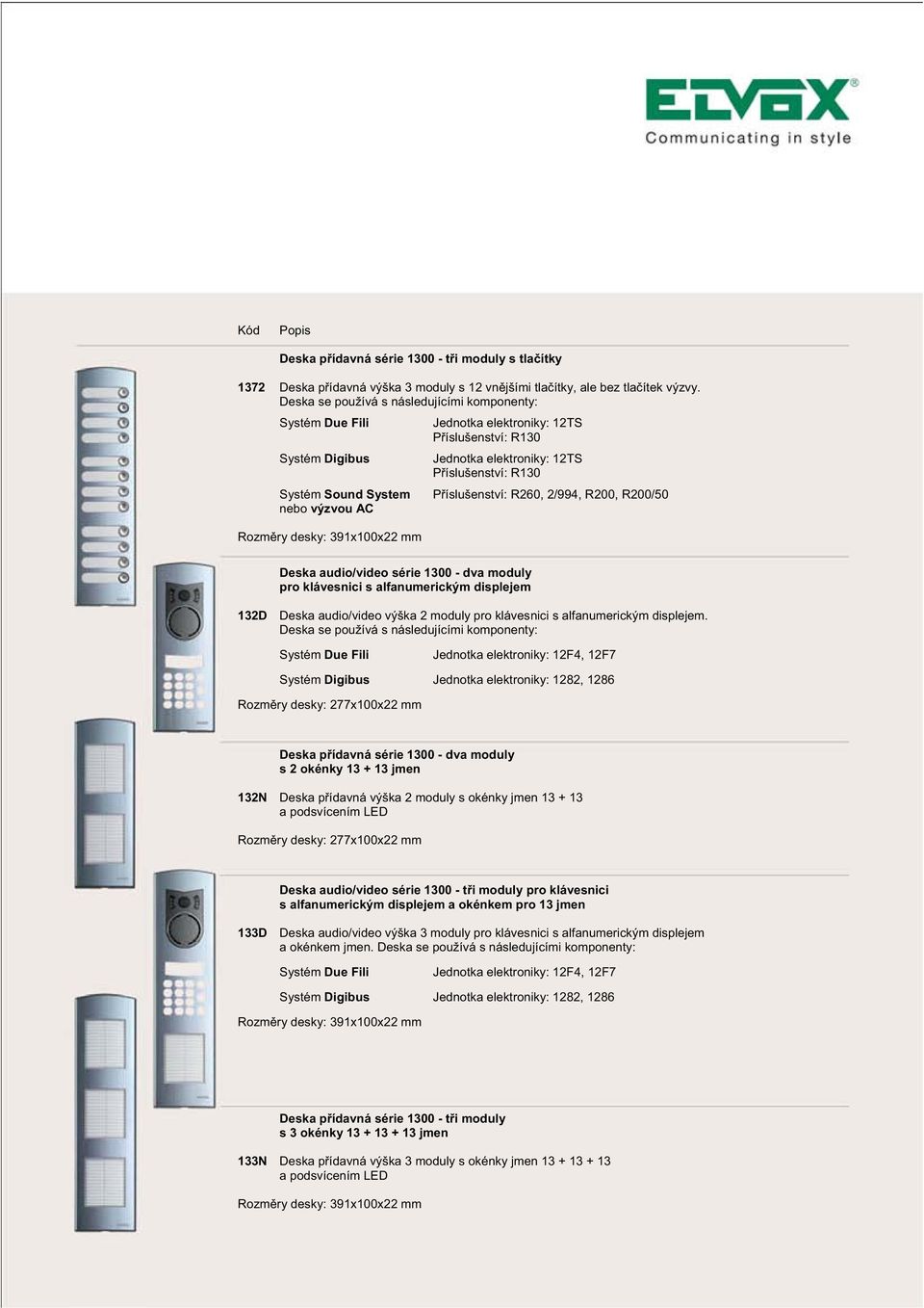 íslušenství: R260, 2/994, R200, R200/50 nebo výzvou AC Rozm ry desky: 391x100x22 mm Deska audio/video série 1300 - dva moduly pro klávesnici s alfanumerickým displejem 132D Deska audio/video výška 2