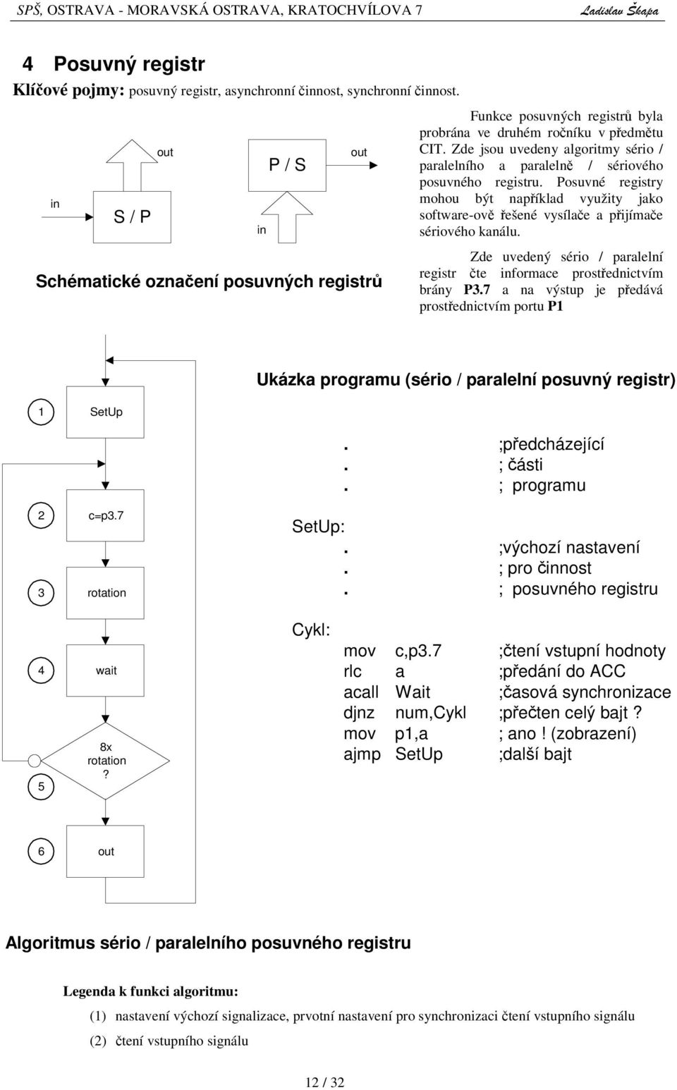 Zde jsou uvedeny algoritmy sério / paralelního a paraleln / sériového posuvného registru. Posuvné registry mohou být napíklad využity jako software-ov ešené vysílae a pijímae sériového kanálu.