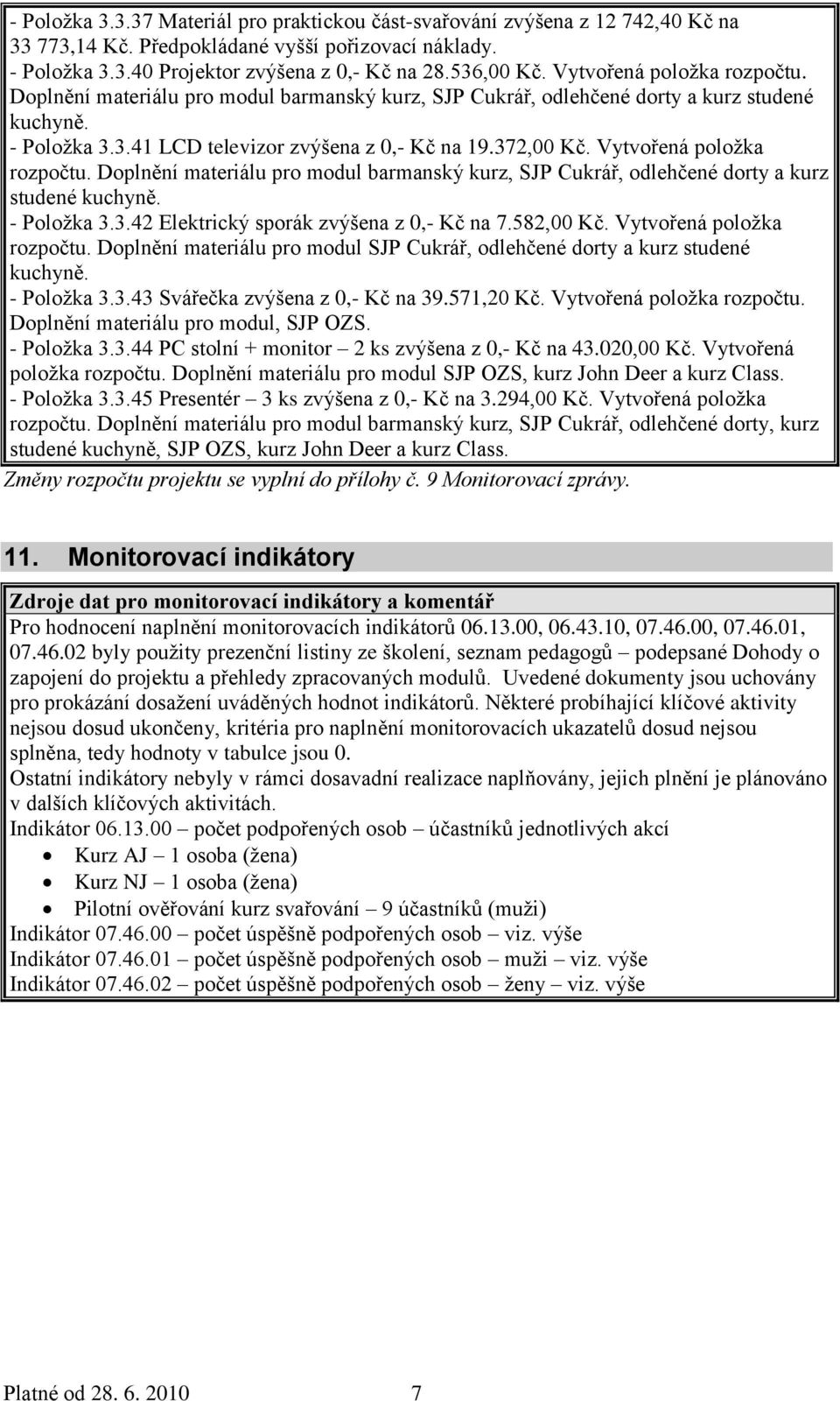 Vytvořená položka rozpočtu. Doplnění materiálu pro modul barmanský kurz, SJP Cukrář, odlehčené dorty a kurz studené kuchyně. - Položka 3.3.42 Elektrický sporák zvýšena z 0,- Kč na 7.582,00 Kč.