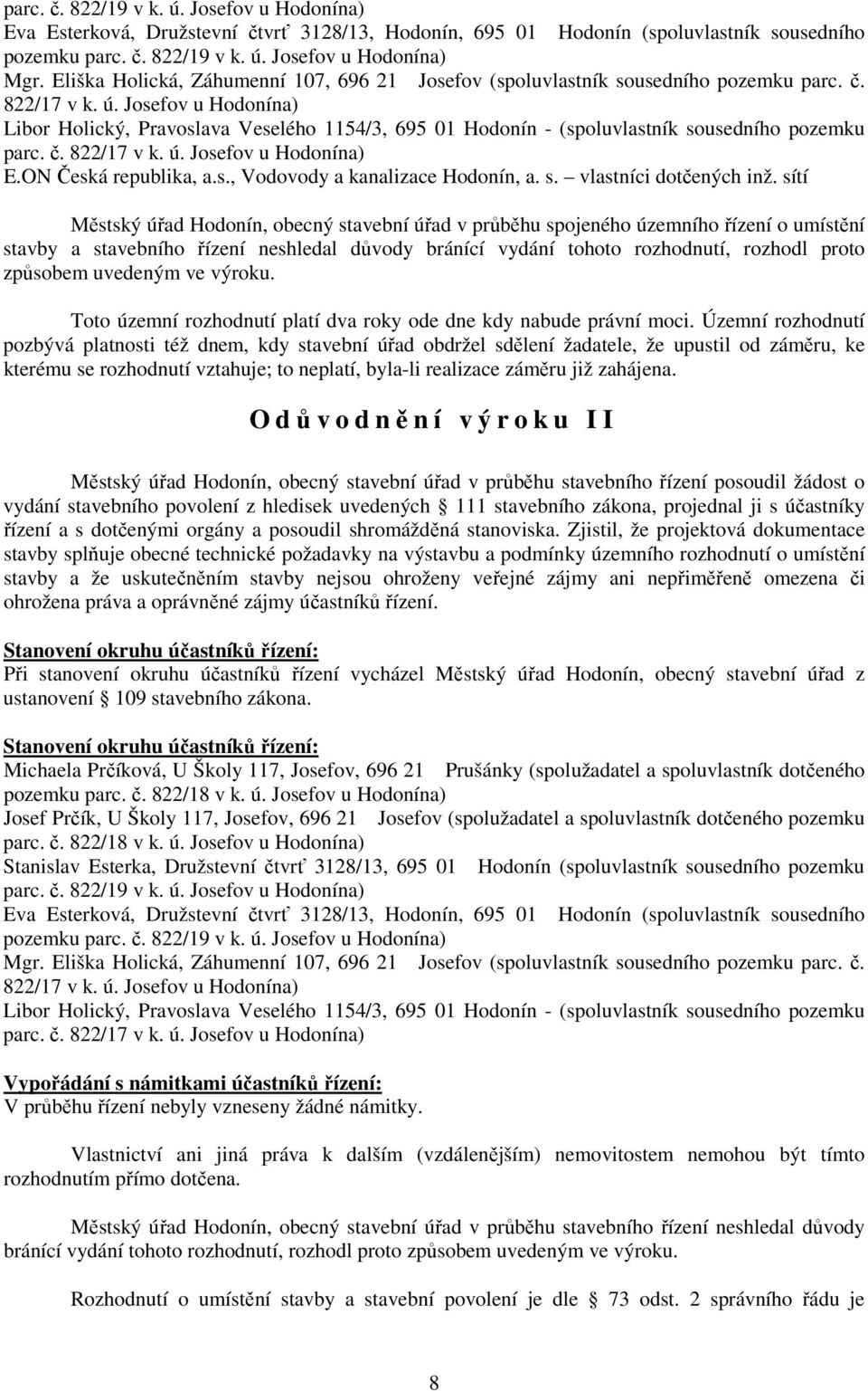 Josefov u Hodonína) Libor Holický, Pravoslava Veselého 1154/3, 695 01 Hodonín - (spoluvlastník sousedního pozemku parc. č. 822/17 v k. ú. Josefov u Hodonína) E.ON Česká republika, a.s., Vodovody a kanalizace Hodonín, a.