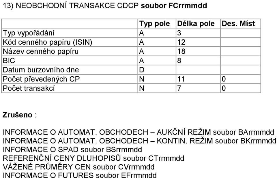 INFORMACE O AUTOMAT. OBCHOECH AUKČNÍ REŽIM soubor BArrmmdd INFORMACE O AUTOMAT. OBCHOECH KONTIN.
