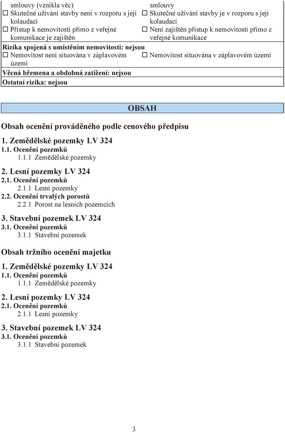 bemena a obdobná zatížení: nejsou Ostatní rizika: nejsou OBSAH Obsah ocenní provádného podle cenového pedpisu 1. Zemdlské pozemky LV 324 1.1. Ocenní pozemk 1.1.1 Zemdlské pozemky 2.