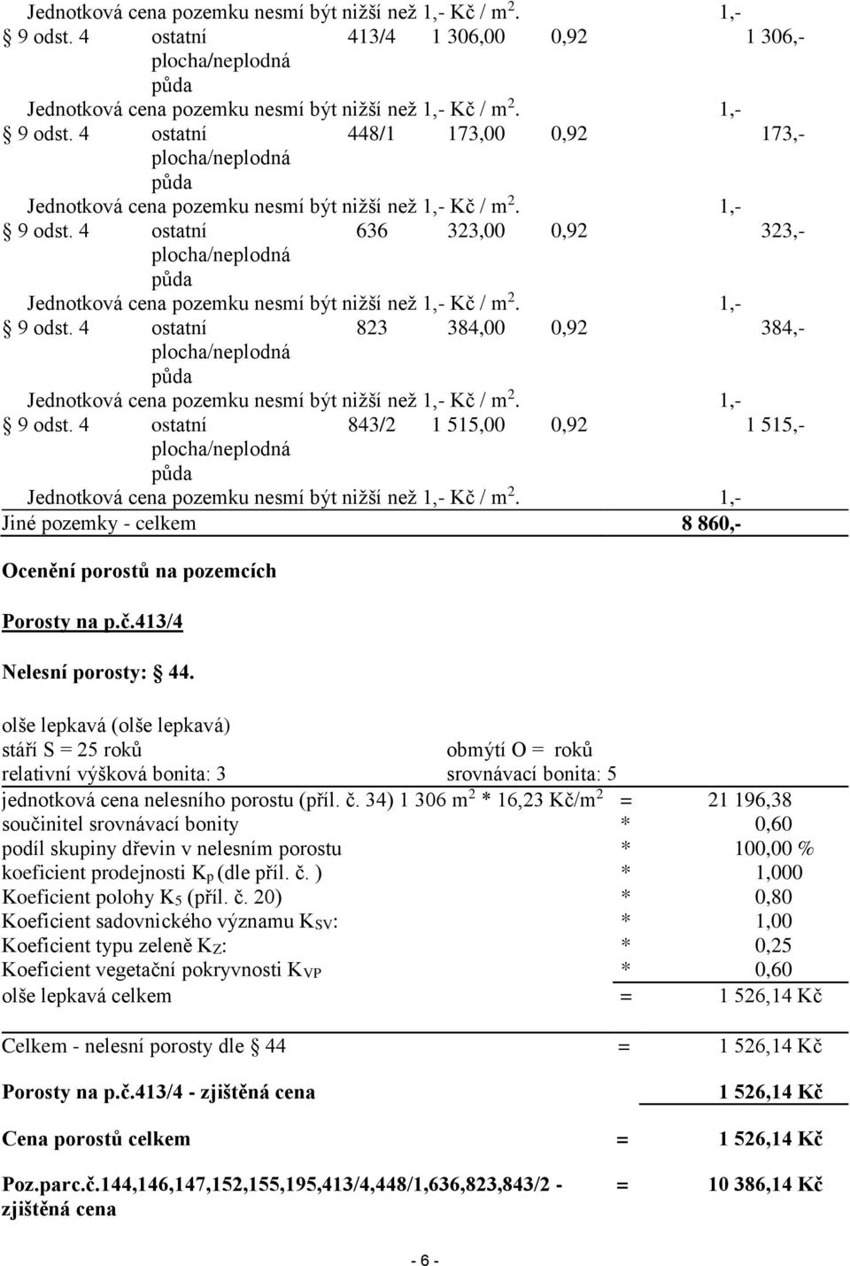 34) 1 306 m 2 * 16,23 Kč/m 2 = 21 196,38 součinitel srovnávací bonity * 0,60 podíl skupiny dřevin v nelesním porostu * 100,00 % koeficient prodejnosti Kp (dle příl. č.