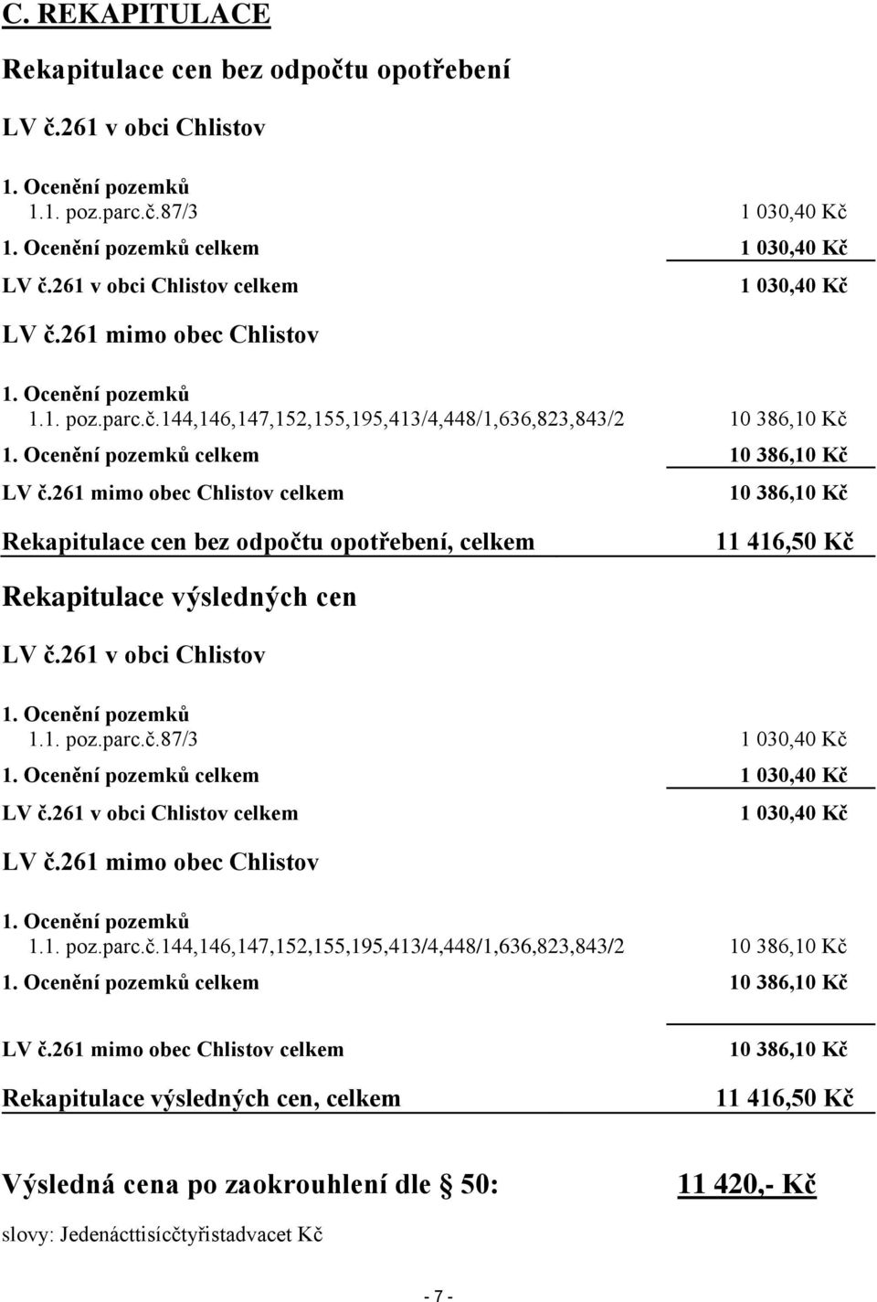 261 mimo obec Chlistov celkem 10 386,10 Kč Rekapitulace cen bez odpočtu opotřebení, celkem 11 416,50 Kč Rekapitulace výsledných cen LV č.261 v obci Chlistov 1.1. poz.parc.č.87/3 1 030,40 Kč celkem 1 030,40 Kč LV č.