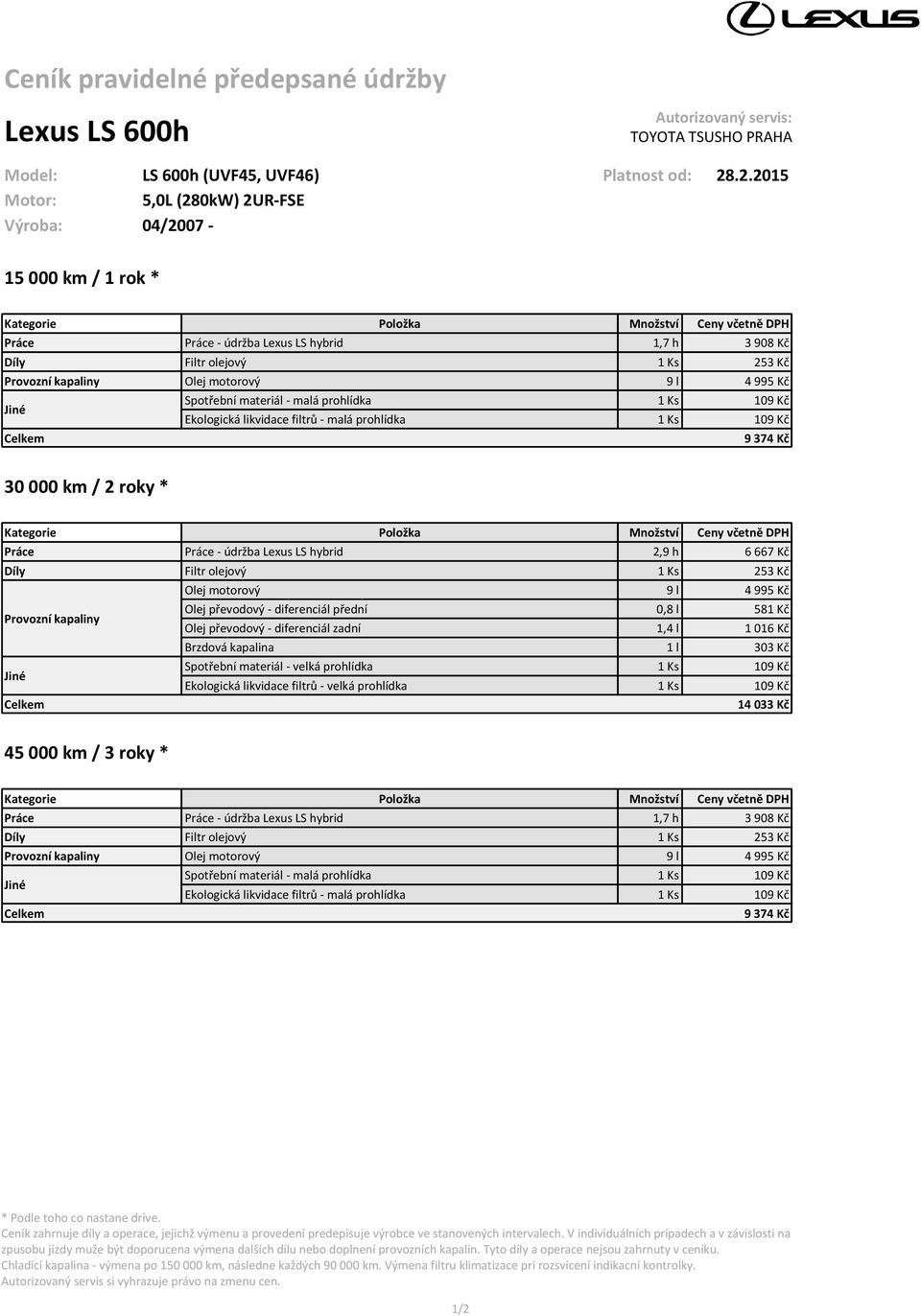 hybrid 1,7 h 3 908 Kč 9 374 Kč 30 000 km / 2 roky * Práce Práce - údržba Lexus LS hybrid 2,9 h 6 667