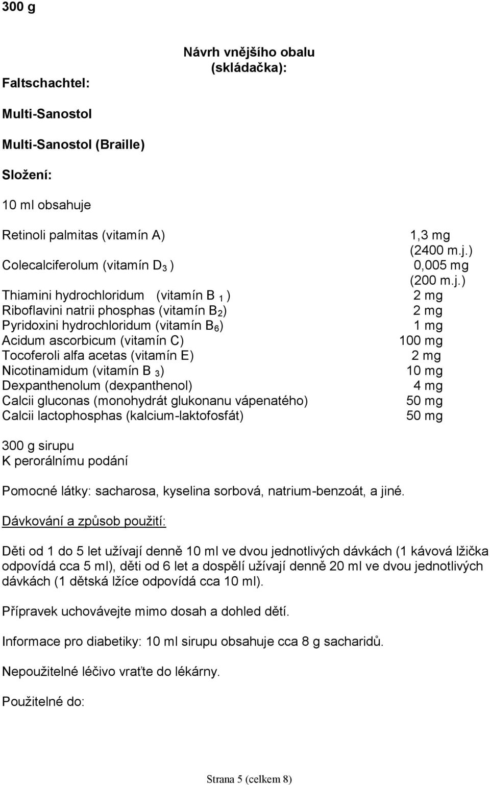 (vitamín B 3 ) Dexpanthenolum (dexpanthenol) Calcii gluconas (monohydrát glukonanu vápenatého) Calcii lactophosphas (kalcium-laktofosfát) 1,3 mg (2400 m.j.