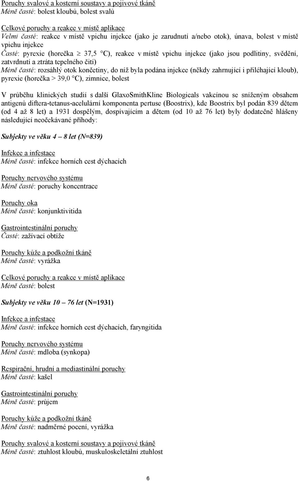 rozsáhlý otok končetiny, do níž byla podána injekce (někdy zahrnující i přiléhající kloub), pyrexie (horečka > 39,0 C), zimnice, bolest V průběhu klinických studií s další GlaxoSmithKline Biologicals