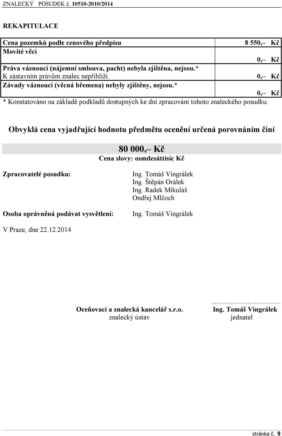 Obvyklá cena vyjadřující hodnotu předmětu ocenění určená porovnáním činí 80 000, Kč Cena slovy: osmdesáttisíc Kč Zpracovatelé posudku: Osoba oprávněná podávat vysvětlení: Ing.