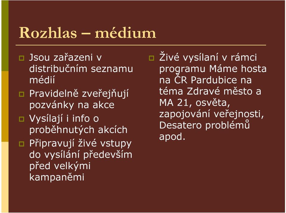 vysílání především před velkými kampaněmi Živé vysílaní v rámci programu Máme hosta na