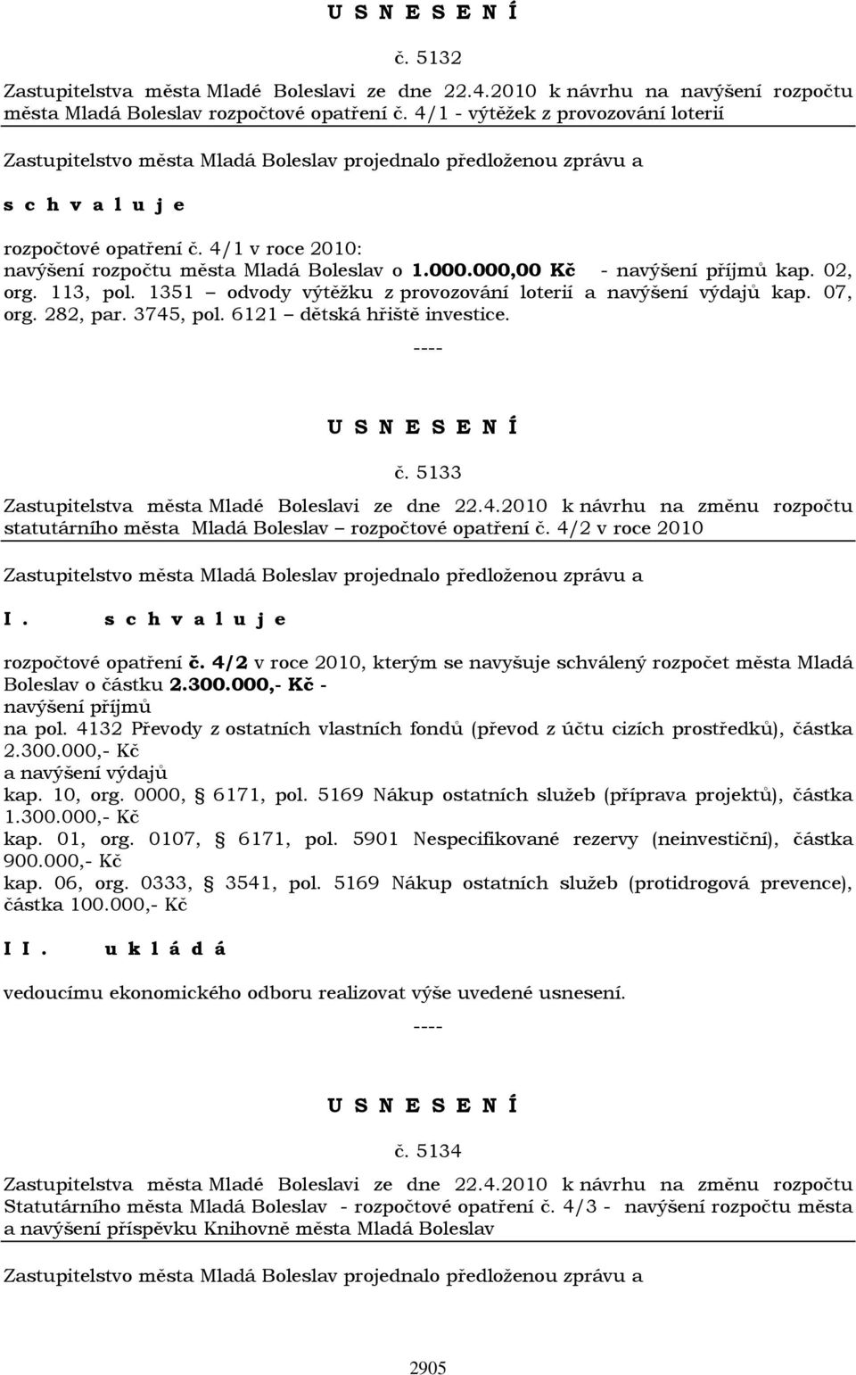 3745, pol. 6121 dětská hřiště investice. č. 5133 Zastupitelstva města Mladé Boleslavi ze dne 22.4.2010 k návrhu na změnu rozpočtu statutárního města Mladá Boleslav rozpočtové opatření č.