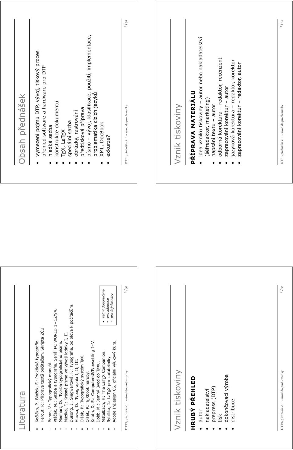 : Typografický systém TEX. Olšák, P.: TEXbook naruby. Knuth, D. E.: Computers & Typesetting I V. Dobb, M.: Jemný úvod do TEXu. Mittelbach, F.: The LaTEX Companion. velmi doporučené Rybička, J.