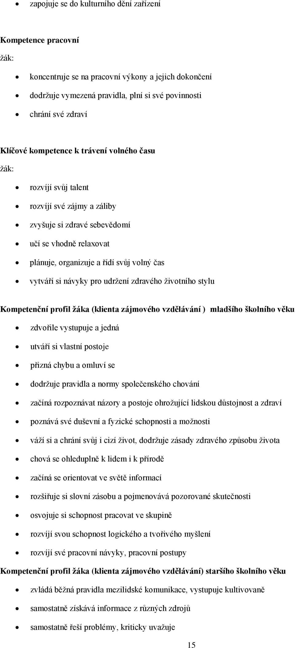 pro udržení zdravého životního stylu Kompetenční profil žáka (klienta zájmového vzdělávání ) mladšího školního věku zdvořile vystupuje a jedná utváří si vlastní postoje přizná chybu a omluví se