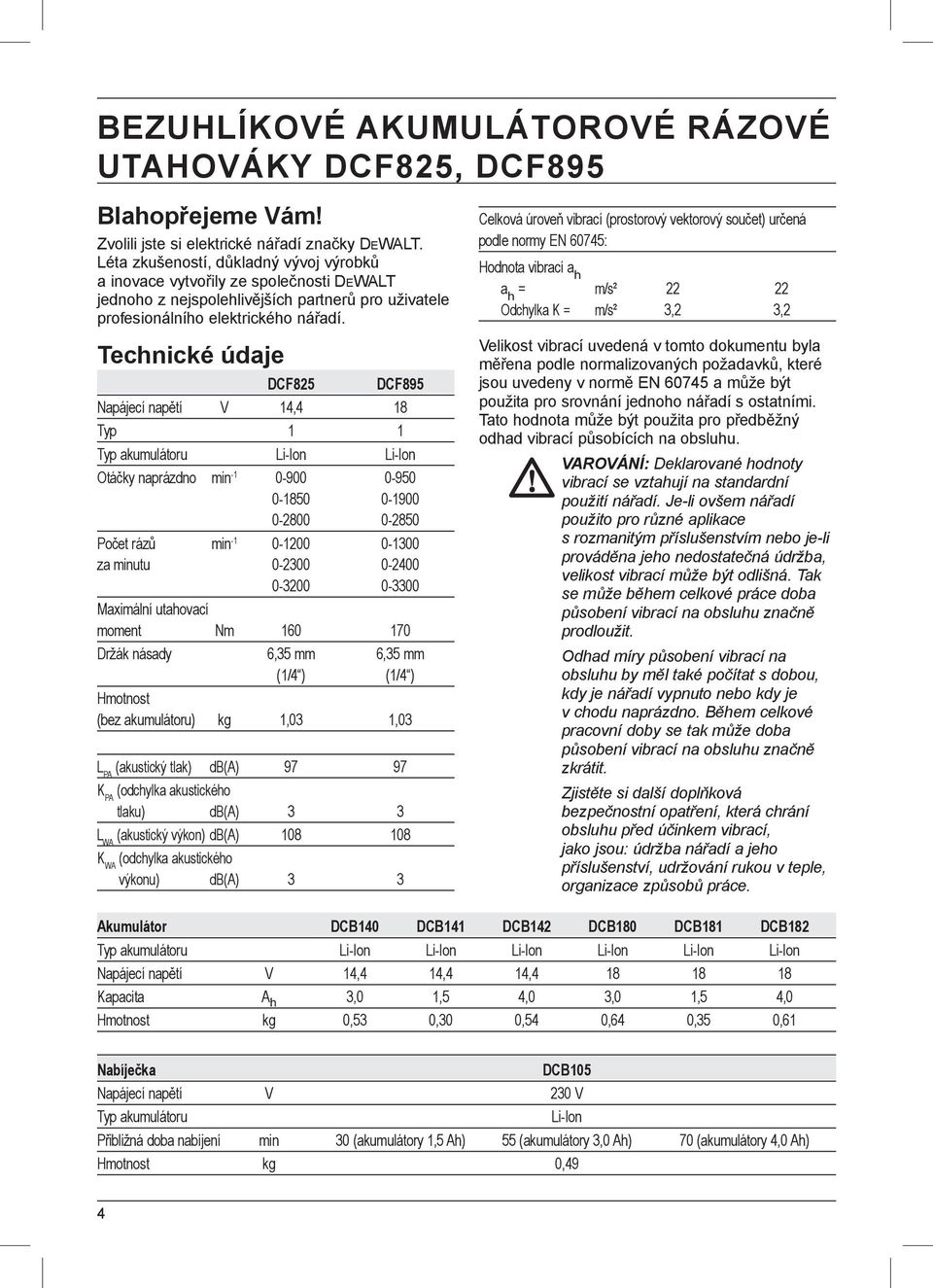 Technické údaje DCF825 DCF895 Napájecí napětí V 14,4 18 Typ 1 1 Typ akumulátoru Li-Ion Li-Ion Otáčky naprázdno min -1 0-900 0-950 0-1850 0-1900 0-2800 0-2850 Počet rázů min -1 0-1200 0-1300 za minutu