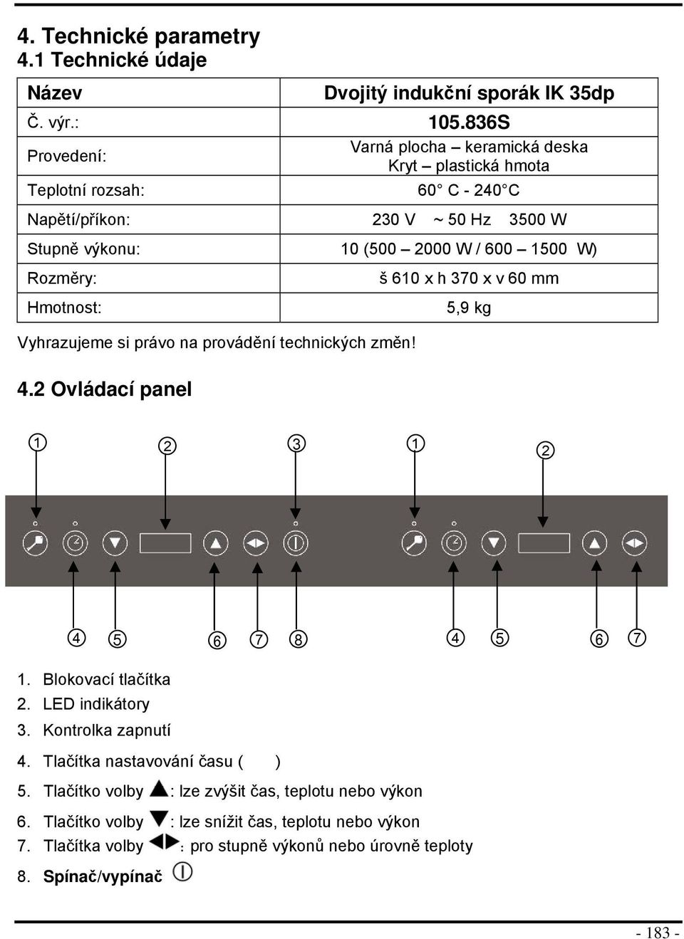 W) Rzměry: Hmtnst: Vyhrazujeme si práv na prvádění technických změn! 4.2 Ovládací panel š 610 x h 370 x v 60 mm 5,9 kg 1 2 3 1 2 4 5 6 7 8 4 5 6 7 1.